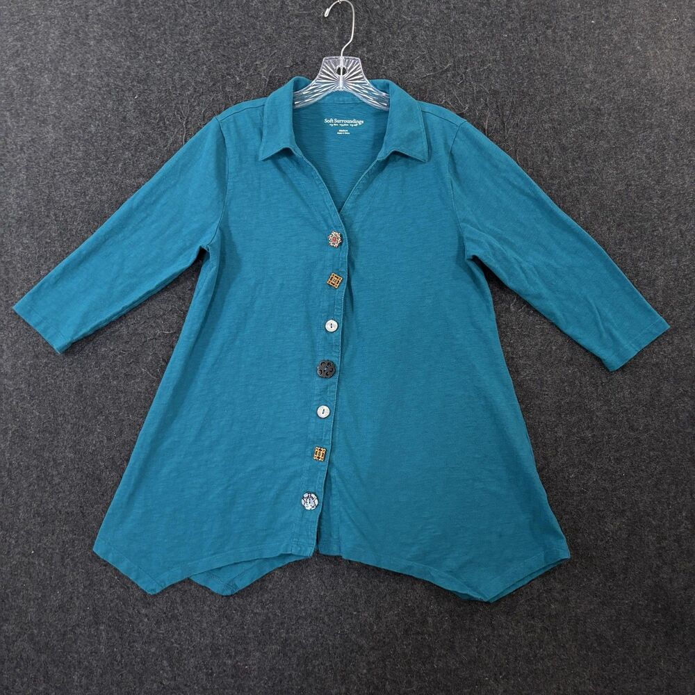Soft Surroundings Tunic Top Women's Medium Teal Cotton Button 3/4 Sleeve